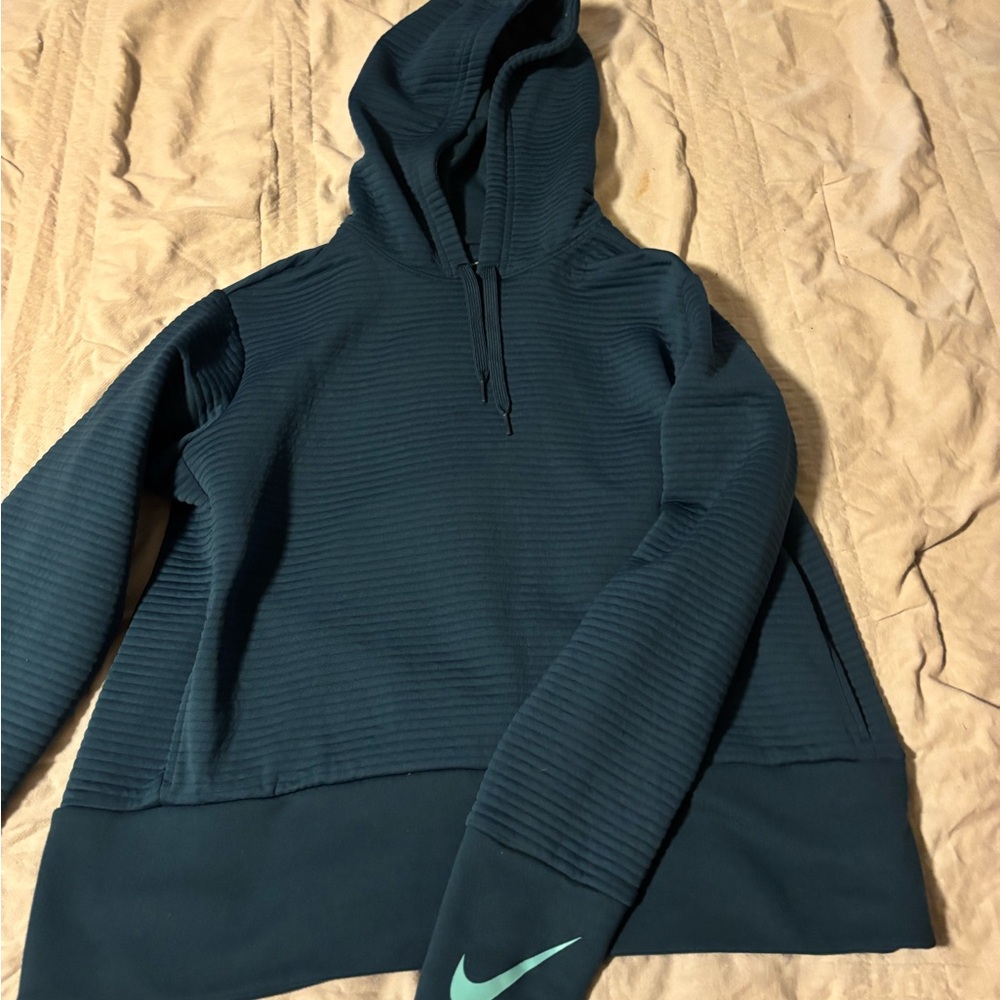 Nike Blue Hooded Sweater with Drawstring and Ribbed Hem